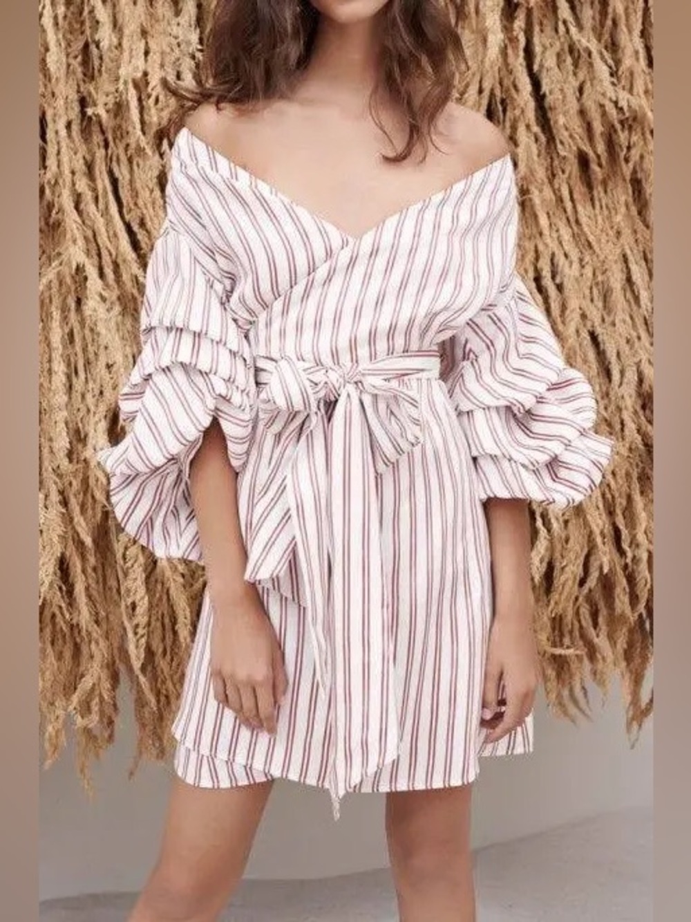 ALEXIS White & Red Candy-stripe Satin Wrap Dress - Sz S